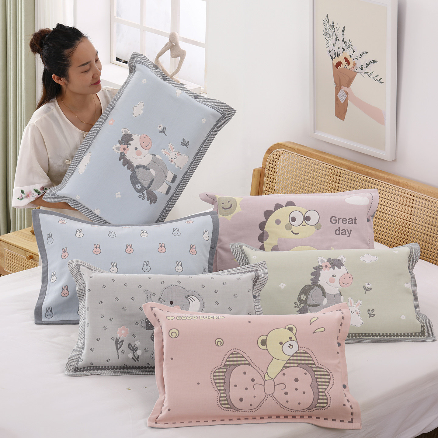 纱布纯棉儿童枕套按扣款枕头套透气吸汗幼儿园学生枕芯套38*58cm,床上用品,枕套,淘宝优惠券,粉丝福利购,淘宝优惠卷