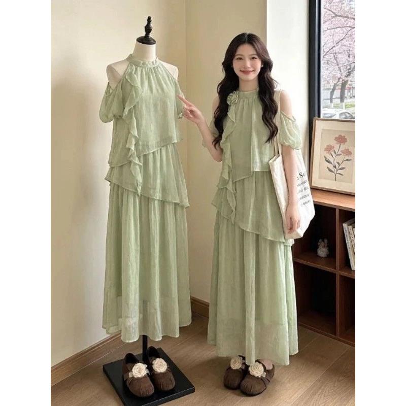 温柔度假绿色连衣裙子女