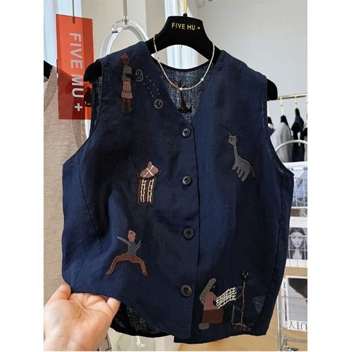 高端棉麻大码刺绣V领马甲背心女2025夏季宽松休闲无袖马夹上衣女