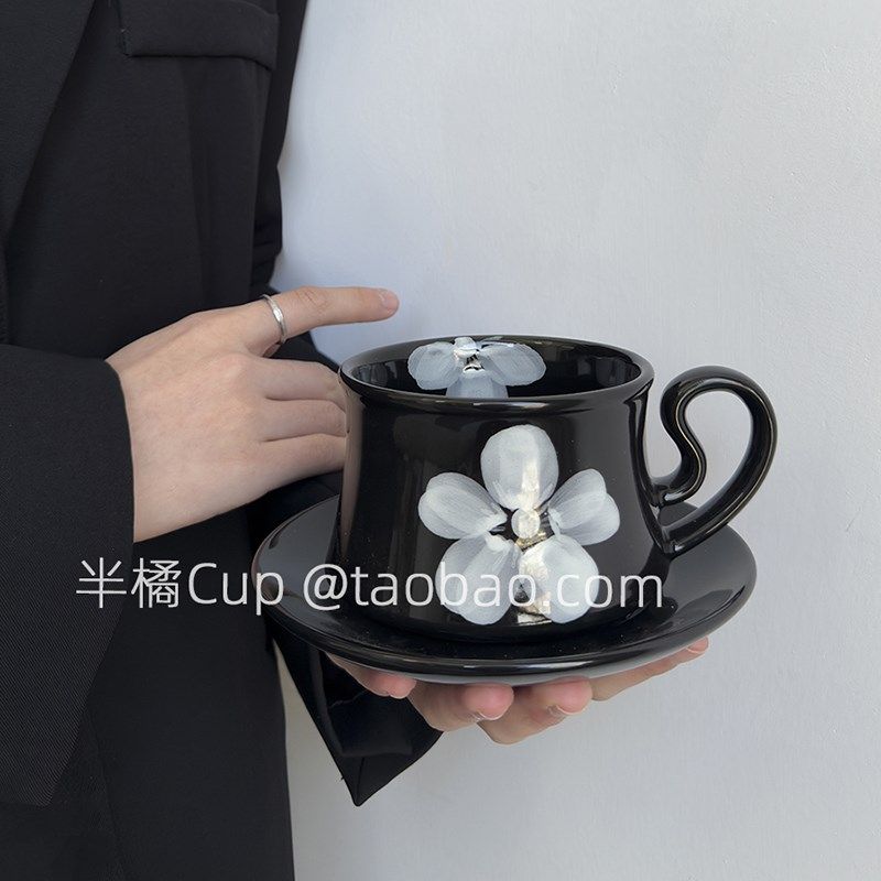 半橘Cup 限定法式墨黑花朵咖啡杯高级感下午茶水杯中古风陶瓷杯子,餐饮具,咖啡杯,淘宝优惠券,粉丝福利购,淘宝优惠卷