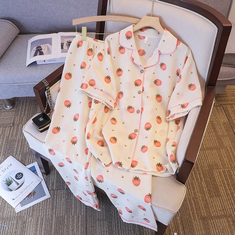 加肥加大码胖MM泡泡棉睡衣女200斤宽松夏季短袖短裤长裤三件套装