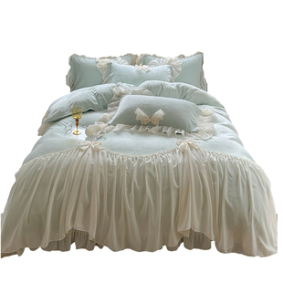 高克重牛奶绒手工缝制蝴r蝶结雪纺花边四件套加厚保暖双人床单被