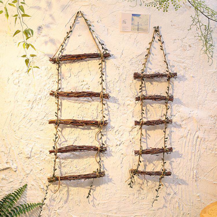 创意绿叶麻绳木梯zakka家居墙壁挂饰ins风民宿幼儿园壁饰装饰挂件