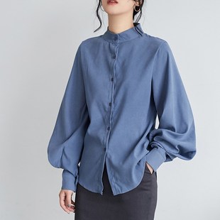 灯笼袖立领叠穿白衬衣女加厚内搭加绒秋冬磨毛法式长袖衬衫职业装