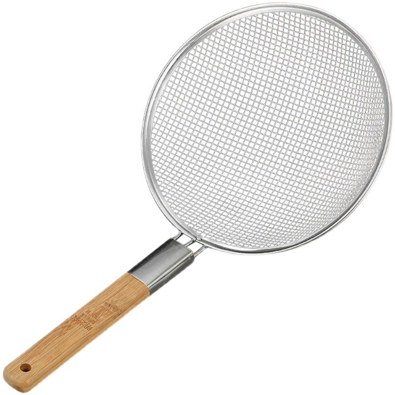 不锈钢木柄过滤网4目油鼓漏厨房漏勺26-30cm炸厘短木柄笊篱配油盆
