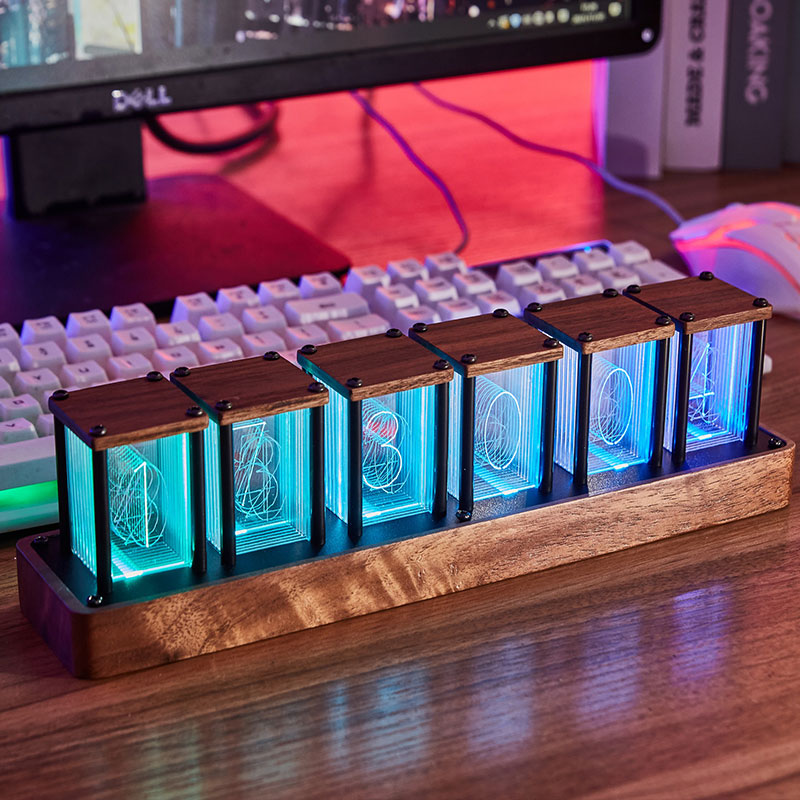 RGB拟辉光管时钟电竞桌面摆件DIY套件创意电视柜实木电子数字钟