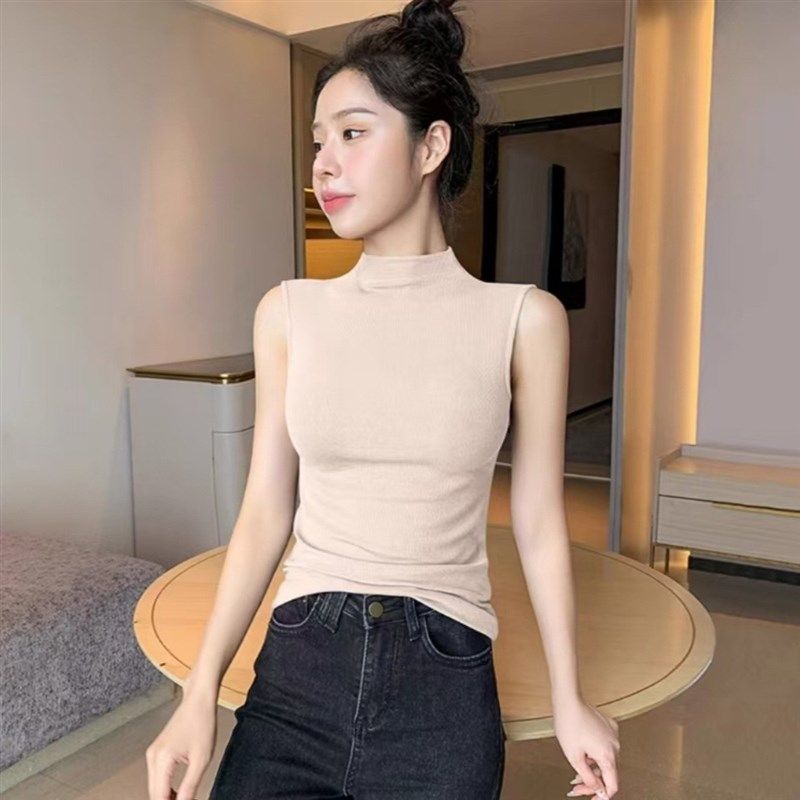 半高领无袖背心女夏外穿2024新款内搭打底衫修身黑色吊带上衣设计,女装/女士精品,T恤,淘宝优惠券,粉丝福利购,淘宝优惠卷