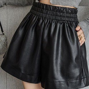 百搭皮短裤 女秋冬新款 胖mm阔腿皮裤 加大码 A字裤 时尚 休闲裤 女 女装