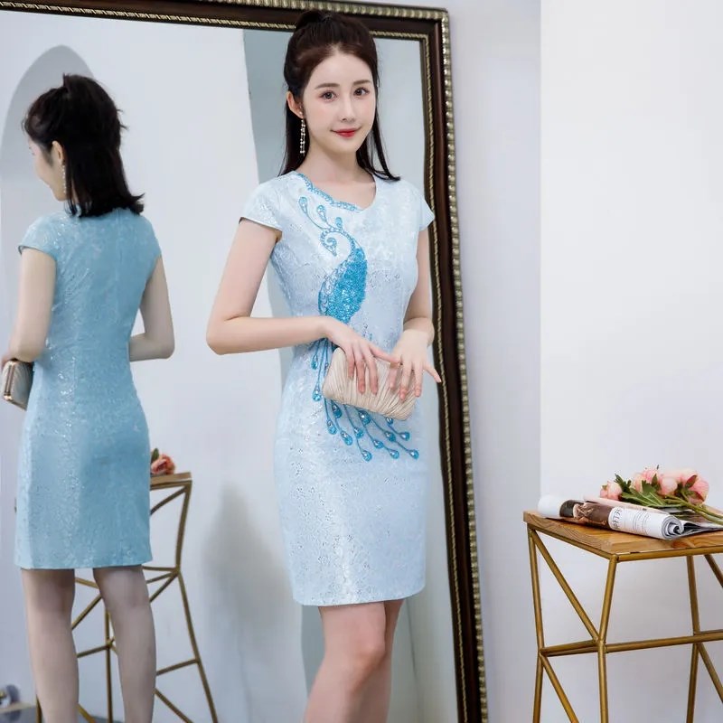 2022夏装新款中国风优雅时尚中长款改良版低领蕾丝旗袍连衣裙女装