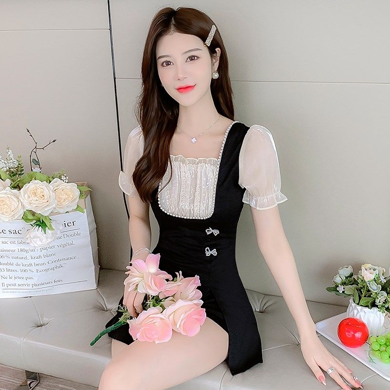 小个子高级感方领连衣裙子女装夏季新款短袖两件套装时尚短裤显瘦