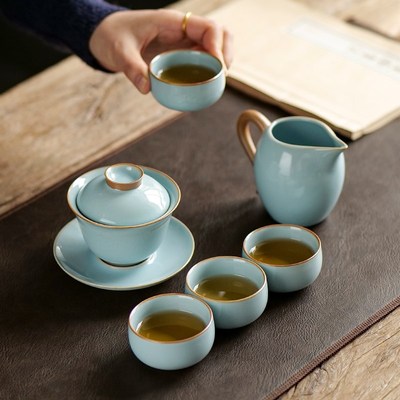 陶瓷三才盖碗单个天青可养开片汝窑茶碗功夫茶具家用泡茶碗公道杯