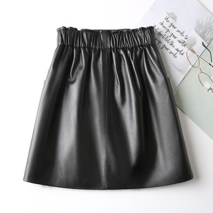 bm胖MM黑色皮裙女2021年秋冬新款 松紧高腰宽松遮胯A字短裙半身裙
