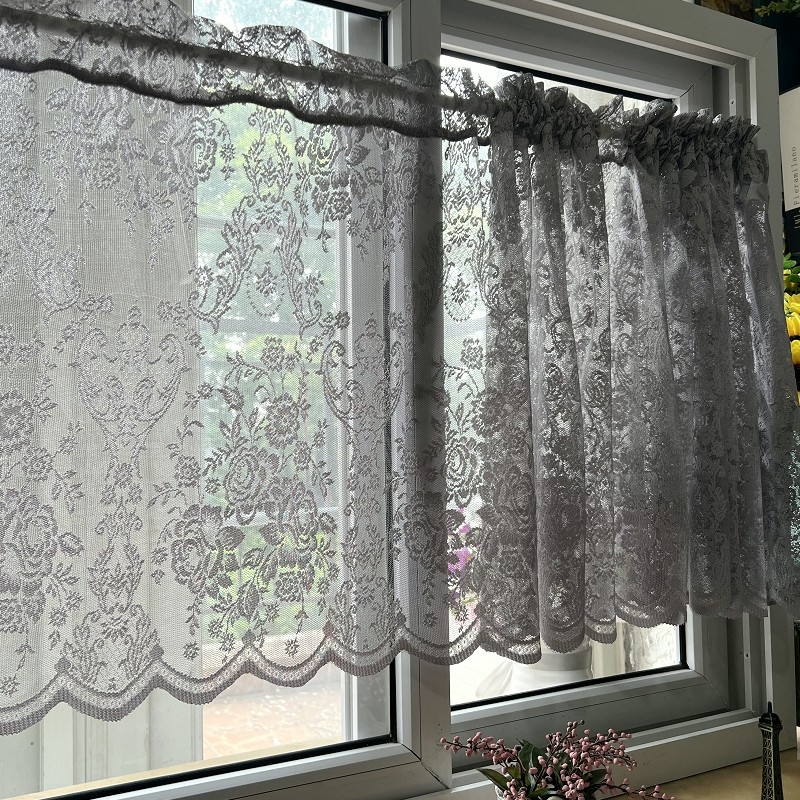 灰色美式田园成品半帘门帘白色飘窗厨房穿杆窗帘纱帘半截帘小窗帘,居家布艺,成品窗帘,淘宝优惠券,粉丝福利购,淘宝优惠卷