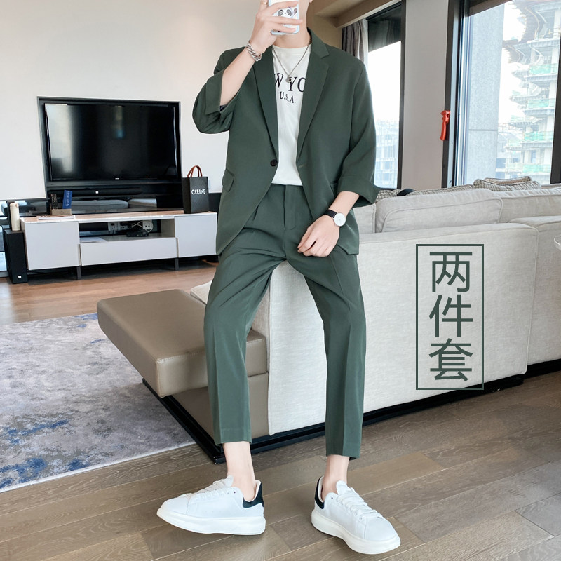 高级感中袖西装裤子一套男春夏季薄款七分袖外套休闲宽松西服套装