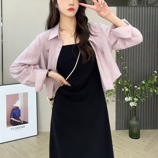 夏季新款设计感后背开叉衬衫女吊带连衣裙外搭开衫宽松短款防晒衣