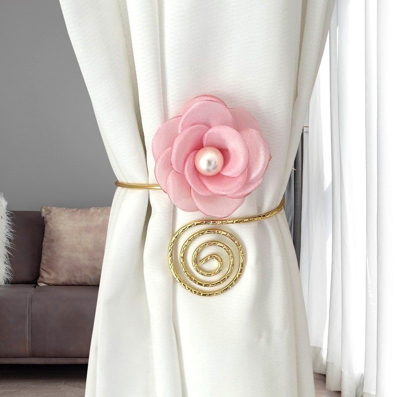 田园简约合金珍珠花卉玫瑰窗帘扣免打孔卧室客厅软装饰窗帘绑带