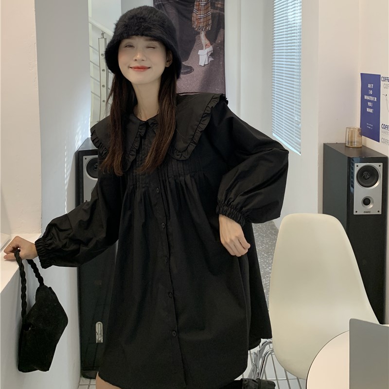 黑白格娃娃领连衣裙女春装2024新款复古法式显瘦遮肚子长袖衬衫裙