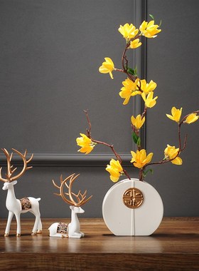 新中式客厅玄关干花装饰餐桌子创意茶几上禅意复古花瓶花器鹿摆件