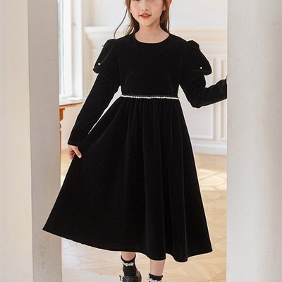 女童黑色晚礼服轻奢小众高端儿童生日公主裙主持人钢琴演奏秋冬季