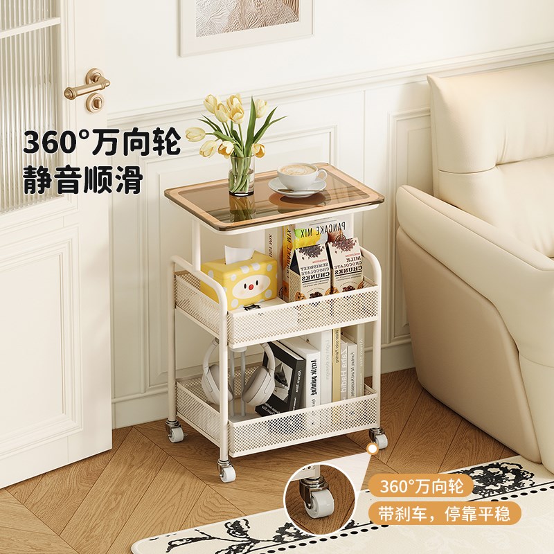 可移动边几小推车奶油风客厅迷你沙发小茶几铁艺玻璃床头柜置物架