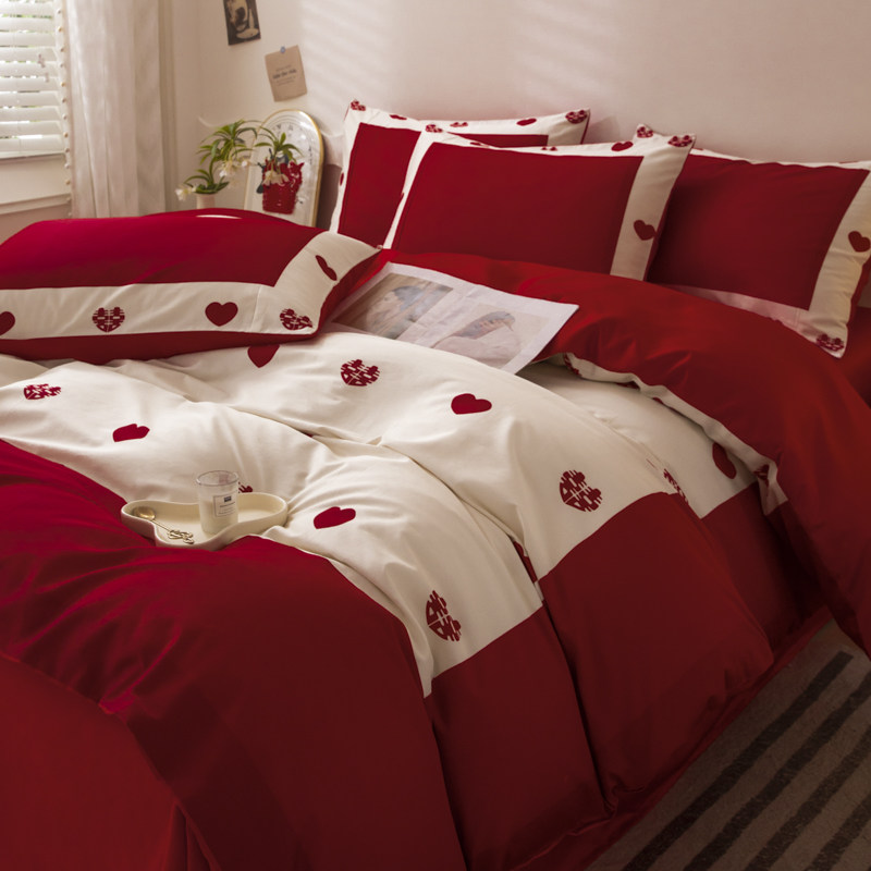 高级感结婚四件套大红纯棉婚庆床单被套全棉新婚陪嫁喜被床上用品