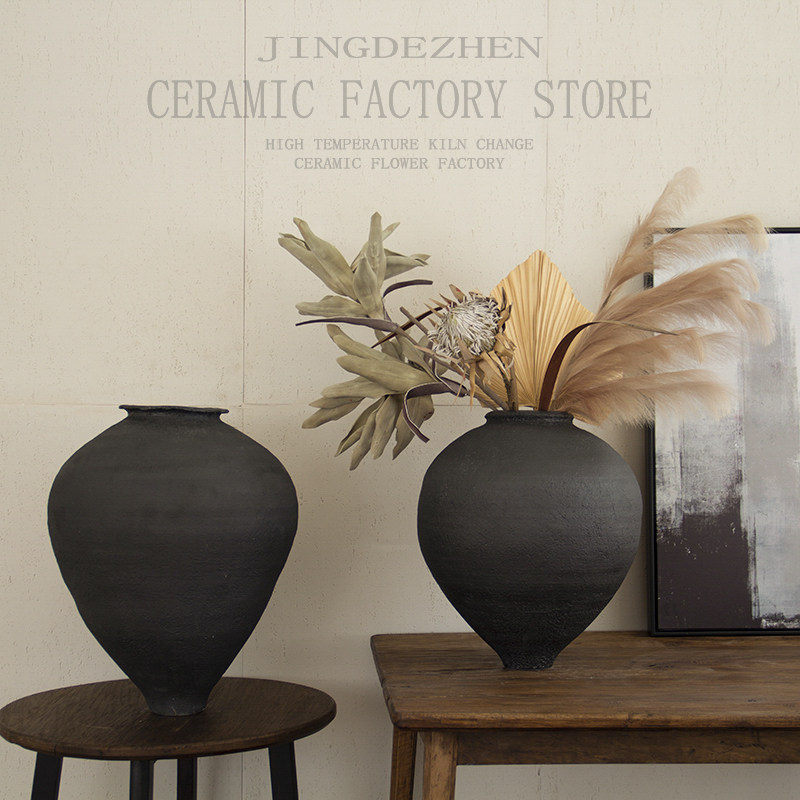 中式复古粗陶落地陶罐黑色大口径陶瓷花瓶插花客厅酒店样板间摆件,家居饰品,花瓶,淘宝优惠券,粉丝福利购,淘宝优惠卷