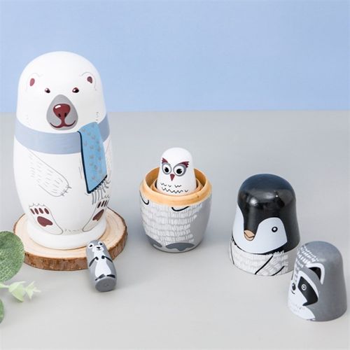 5层白熊俄罗斯套娃动物款圣诞生日礼物幼儿园教具木制工艺品摆件
