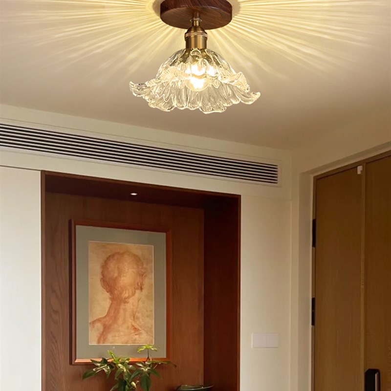 菲朵法国中世纪风格过道灯吸顶灯简约复古胡桃玻璃入口阳台走廊灯