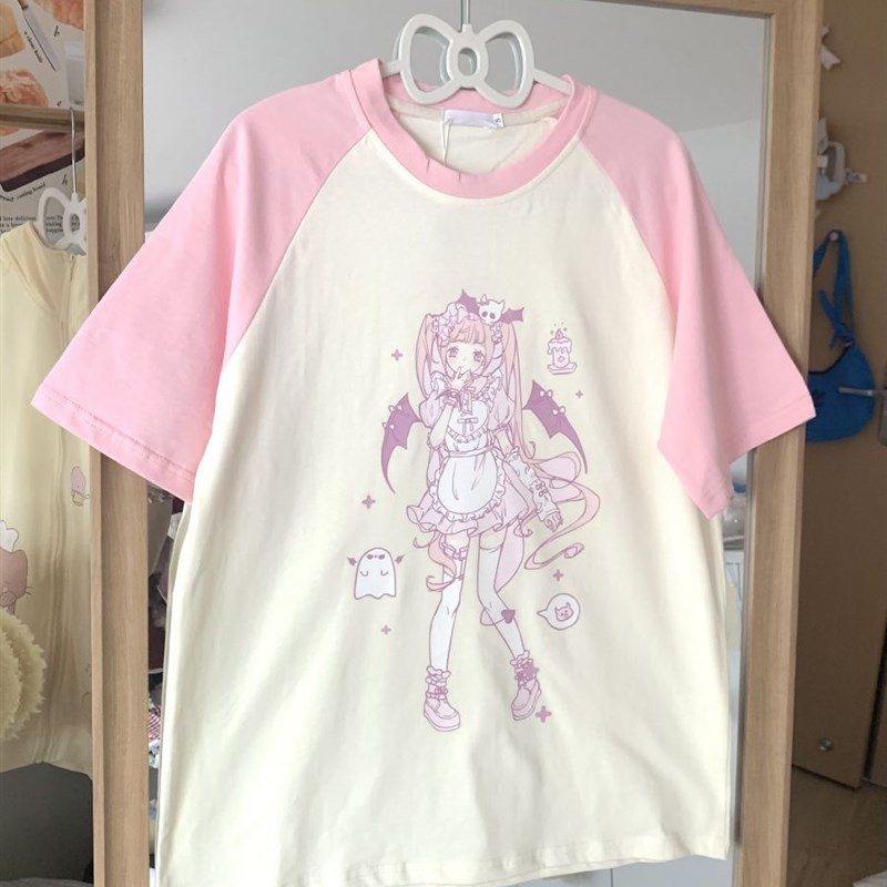 二次元圆领纯棉短袖女亚文化上衣少女萌软妹宅萌感百搭宽松T恤女