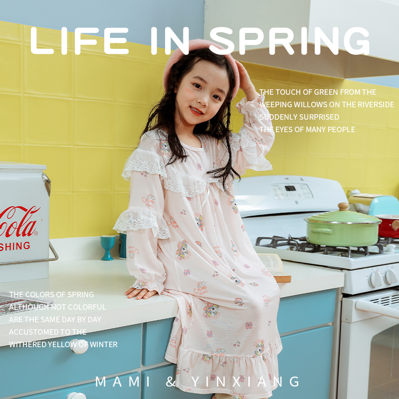 妈咪印象女童睡衣儿童家居服套装春夏季长袖公主裙小女孩睡裙薄款