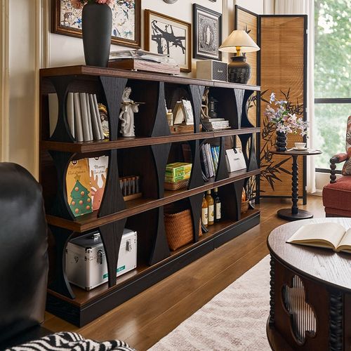 法式复古实木展示柜组合客厅落地多层书柜置物架中古风家用陈列柜