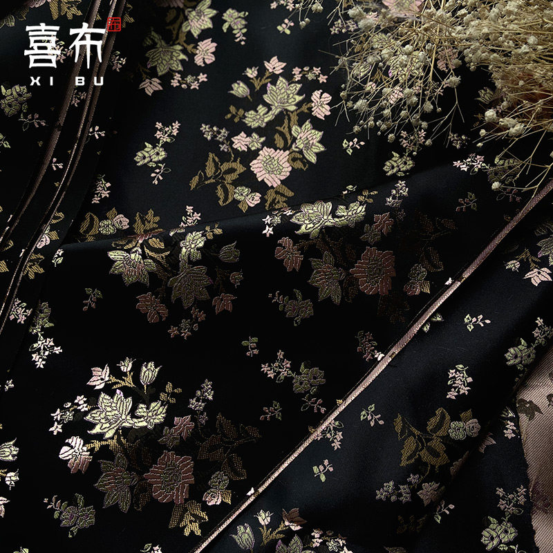 黑色底粉色花朵仙女范垂坠黑色提花尼龙织锦缎布料旗袍汉服装面料