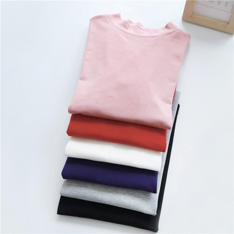 纯棉打底衫半高领长袖女秋衣上衣薄款宽松加大码中领t恤胖mm线衣