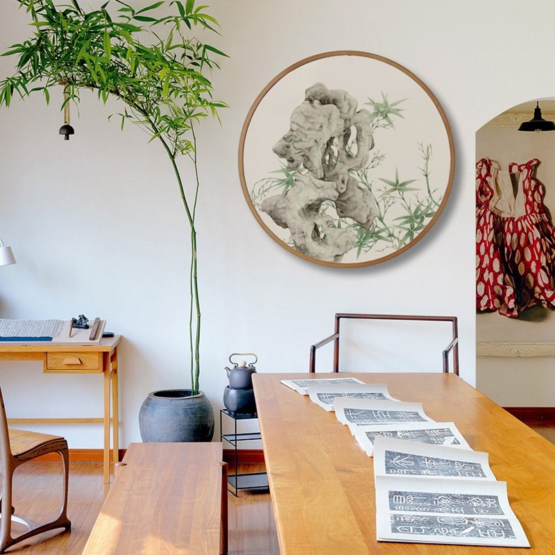 网红新中式禅意装饰画太湖石挂画圆形国画画框餐厅书房样房水墨玄图片