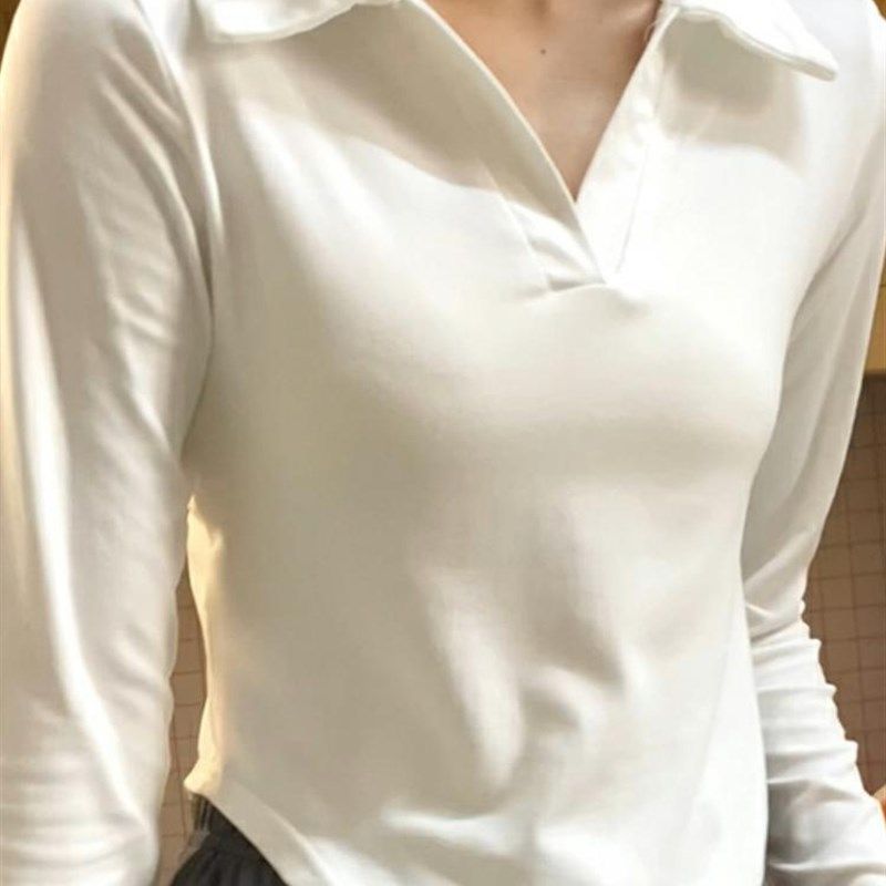 白色短款Polo领打底衫女内搭t恤春秋冬新款低领设计感长袖上衣潮,女装/女士精品,POLO衫,淘宝优惠券,粉丝福利购,淘宝优惠卷
