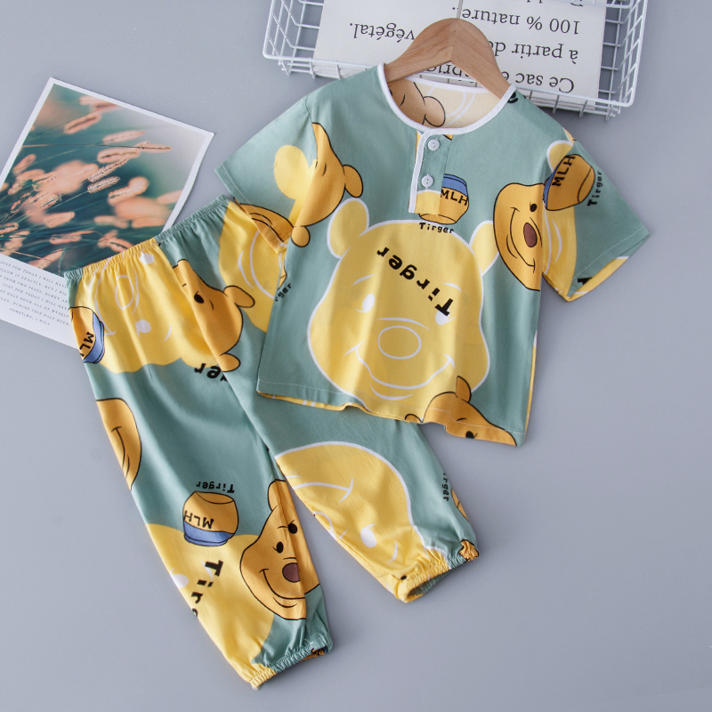 棉绸睡衣儿童夏季薄款绵绸女童家居服宝宝空调服男孩防蚊短袖套装