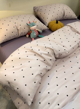 简约风黑色波点双层纱纯棉床上四件套1.8m少女心全棉床单被套床品