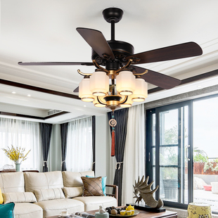 新中式风扇灯吊扇灯客厅餐厅茶室卧室风扇吊灯木叶静音带灯电扇灯