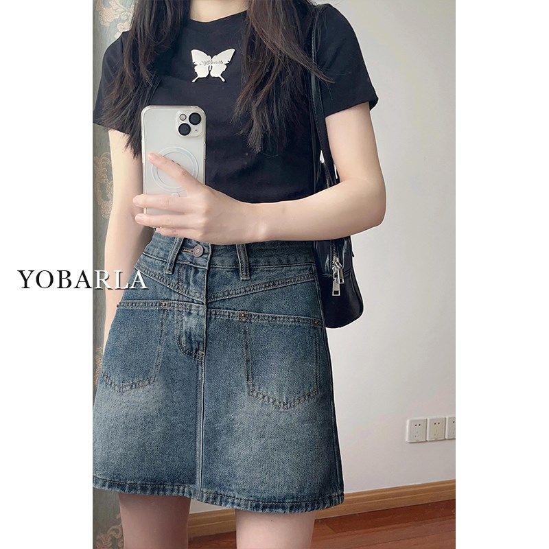 复古高腰牛仔短裙女夏季新款胖mm大码遮肚显瘦梨形身材a字半身裙