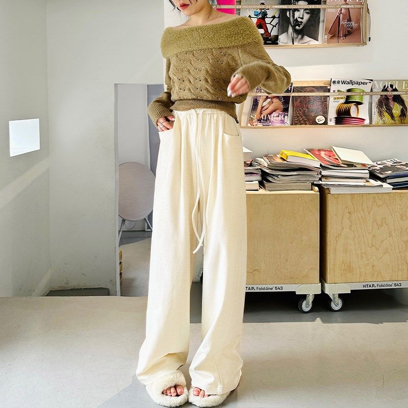 秋冬高腰垂感奶茶色阔腿裤女加绒宽松直筒白色糯米裤灰色针织裤子,女装/女士精品,休闲裤,淘宝优惠券,粉丝福利购,淘宝优惠卷