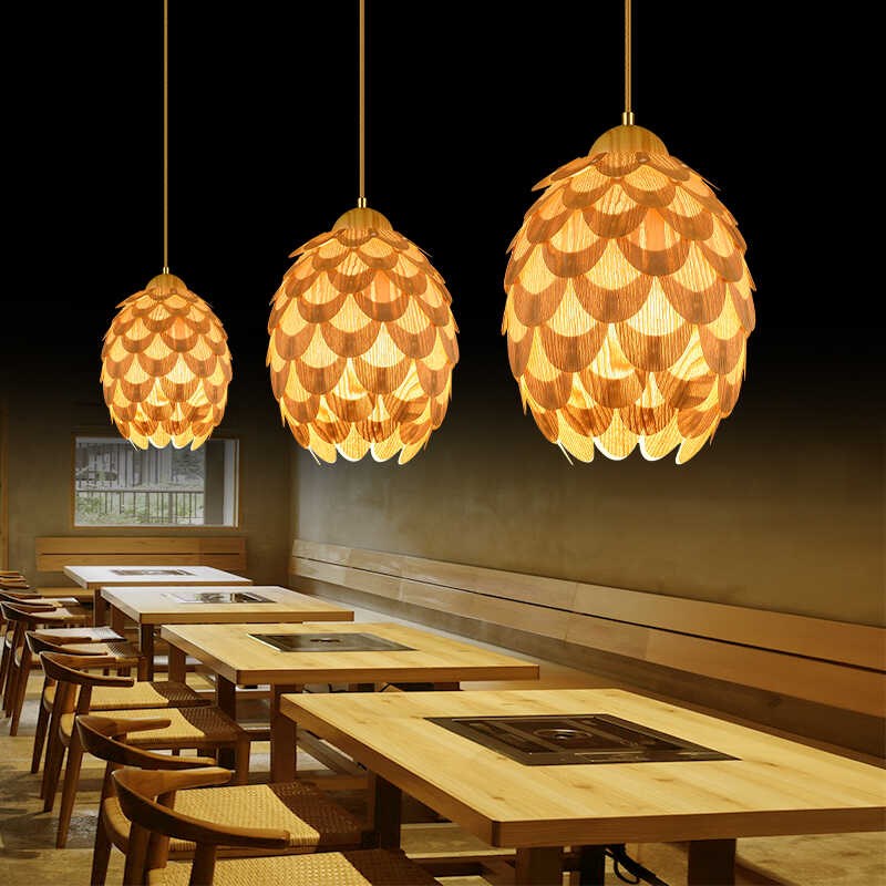 松果吊灯原木简约美容院灯日式木质卧室餐厅茶室客厅餐馆商用灯具