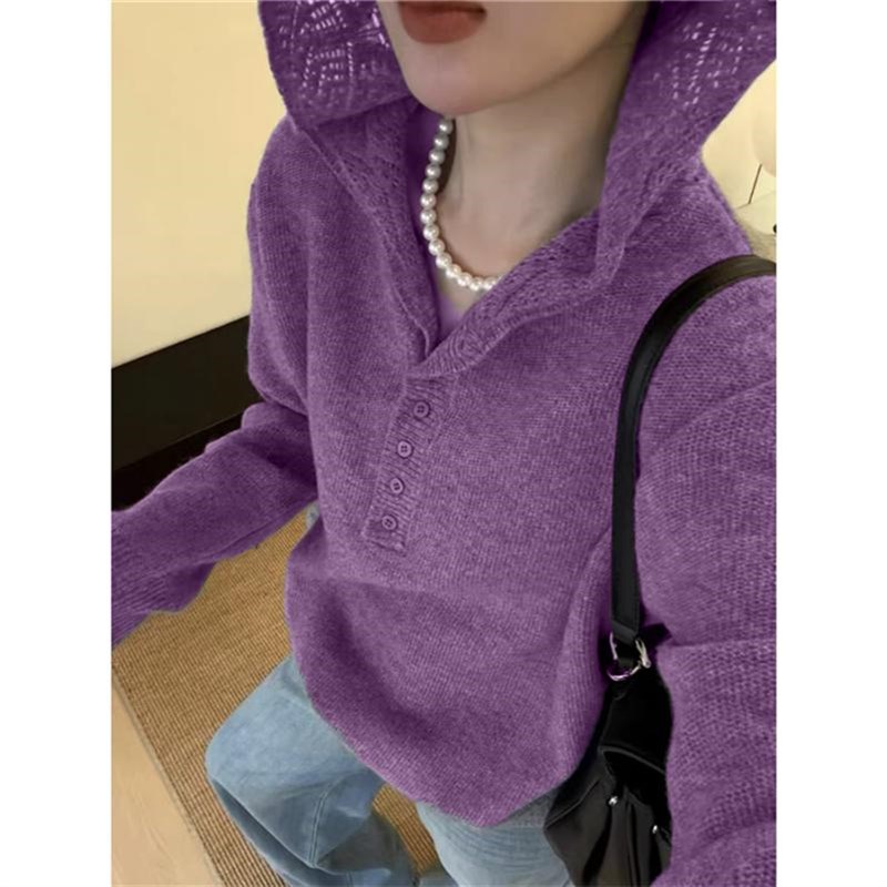 慵懒风韩版钩花连帽羊毛针织衫女202G4冬季新款时尚百搭毛衣上衣