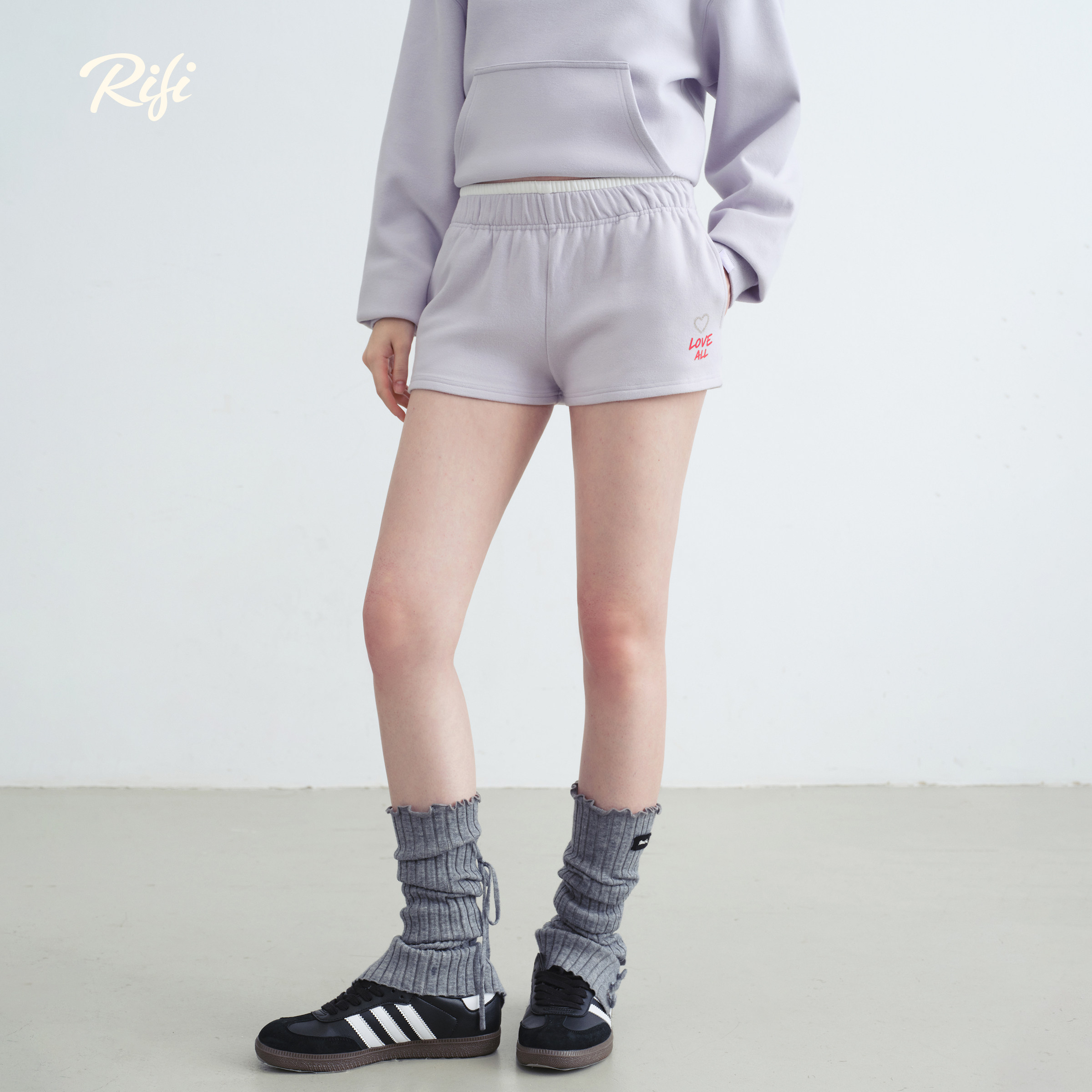 RiFi/"绒感双色印花短裤"冬上新低腰运动系带直筒宽松短裤