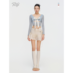 蝴蝶结收腰长袖 健身运动普拉提上衣修身 衫 衬衫 瑜伽长袖 RIFI