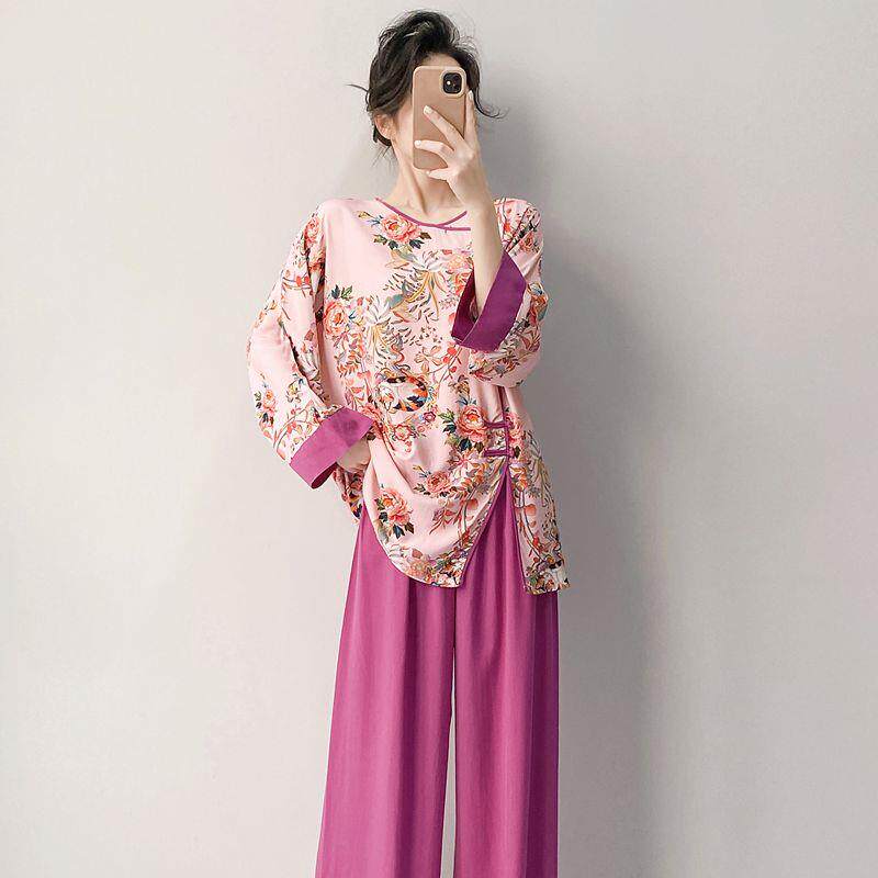 睡衣女士夏季棉绸2026新款长袖中式国风绵绸家居服套装大尺码可外