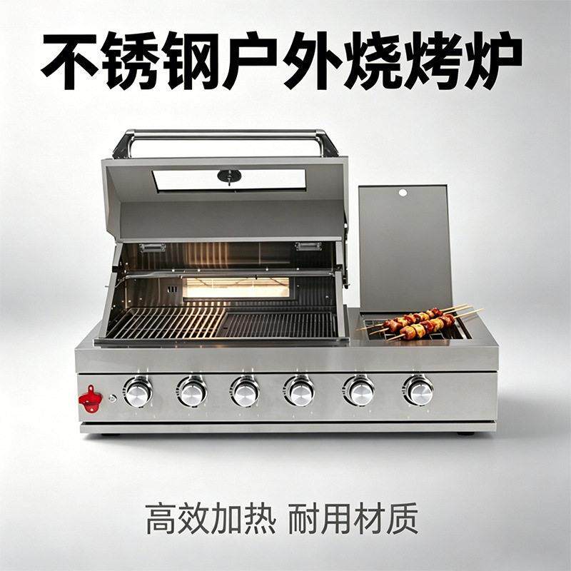 别墅庭院户外BBQ烤炉嵌入式不锈钢燃气烧烤炉4炉头带侧炉