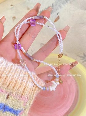 甜美多巴胺彩色串珠项链女小众设计感百搭网红毛衣链秋冬新款颈链