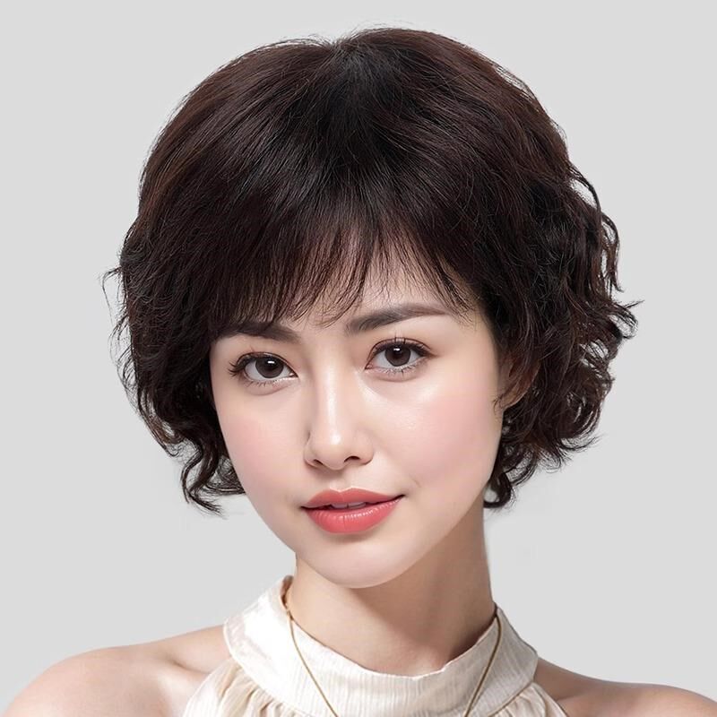 假发女短发卷发烫发真人发丝中长发中老年妈妈光头全头套自然轻薄图片