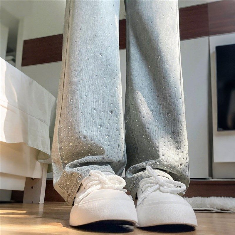 特大码女装胖mm复古烫钻直筒牛仔裤女梨型高腰显瘦阔腿拖地裤子潮,女装/女士精品,大码裤装,淘宝优惠券,粉丝福利购,淘宝优惠卷