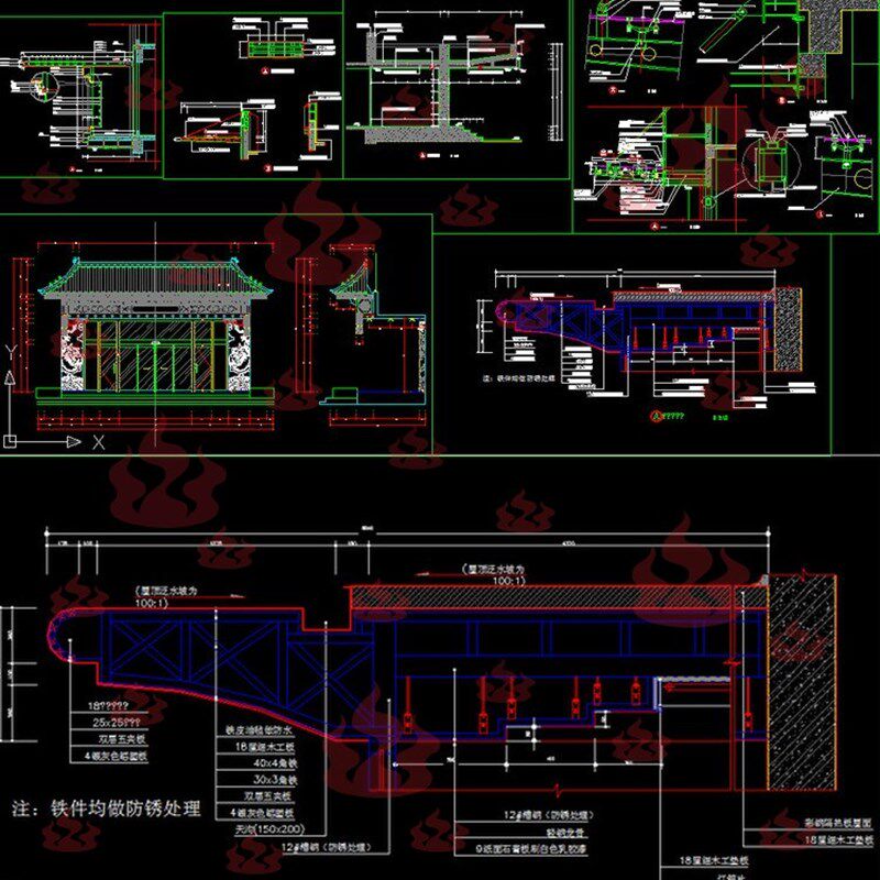 钢结构中式仿古建筑屋檐雨棚CAAD施工图纸剖面详图节点大样图素材图片